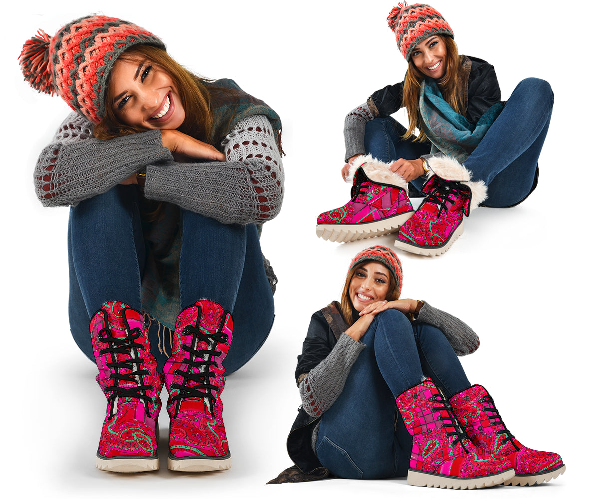 Bright Fuscia and Red Poppy Paisley on Plaid Polar Boots
