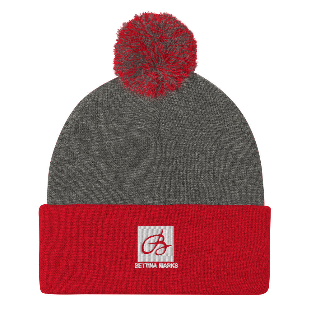 Dark Heather Grey/Red B logo Pom-Pom Beanie