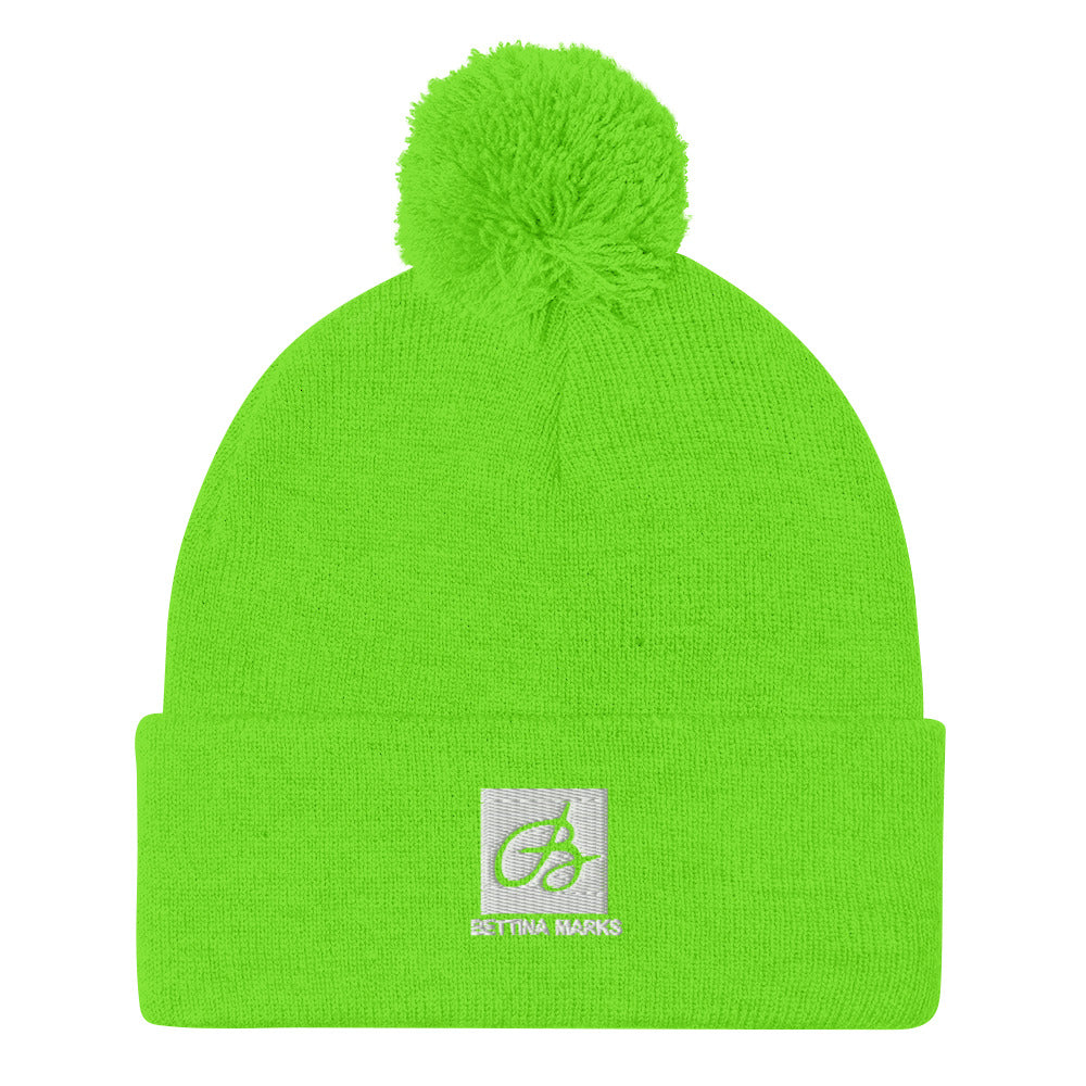 Neon Green B logo Pom-Pom Beanie