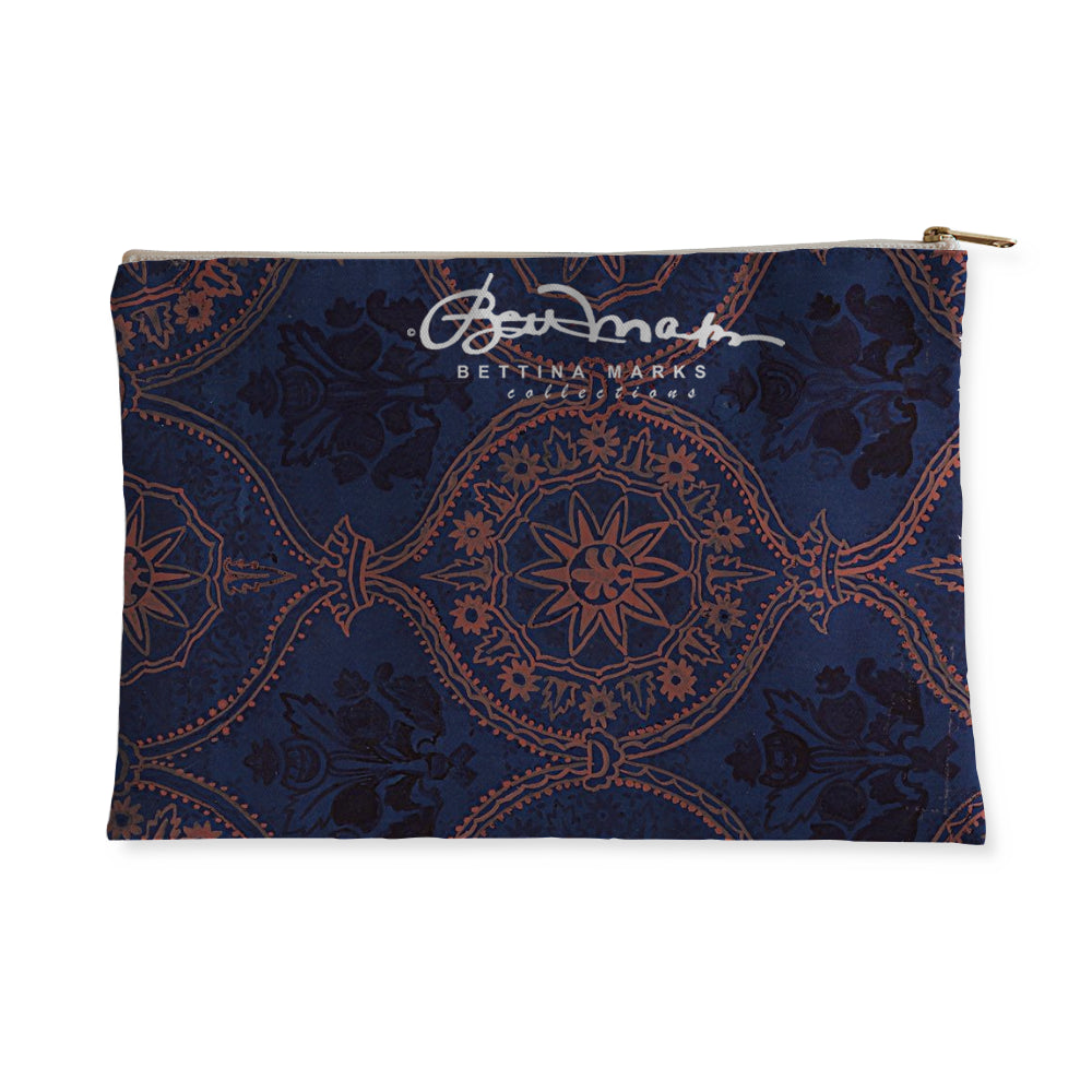 Sargasso Blue and Mellow Rose Morrocan Damask Accessory Pouch Flat