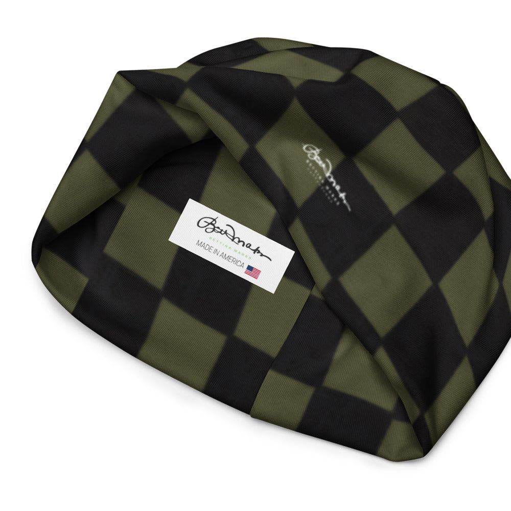 Khaki Checkerboard All-Over Print Beanie
