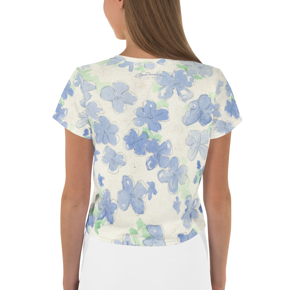 Blu&White Watercolor Floral Print Crop Tee