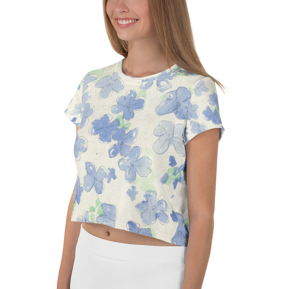 Blu&White Watercolor Floral Print Crop Tee