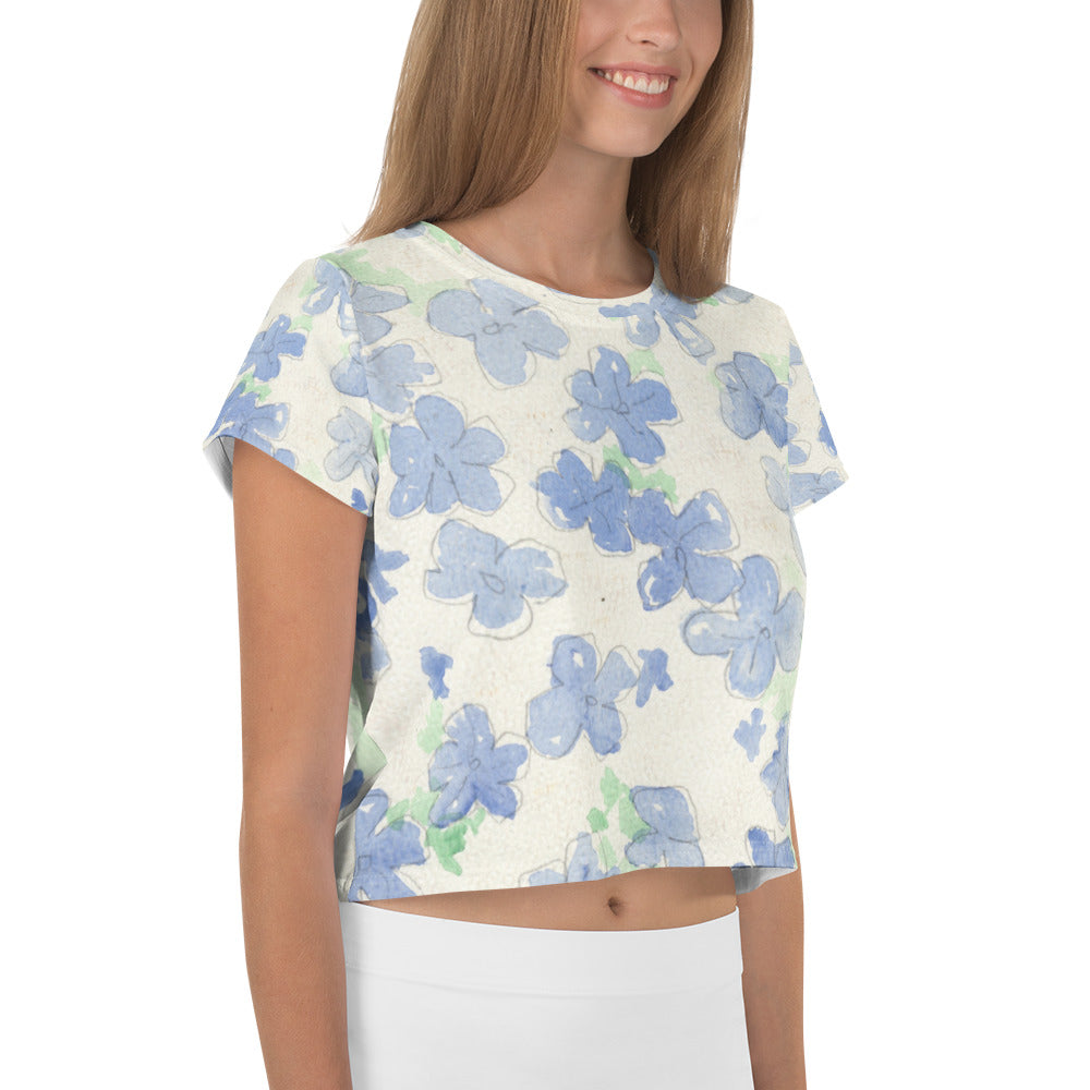 Blu&White Watercolor Floral Print Crop Tee