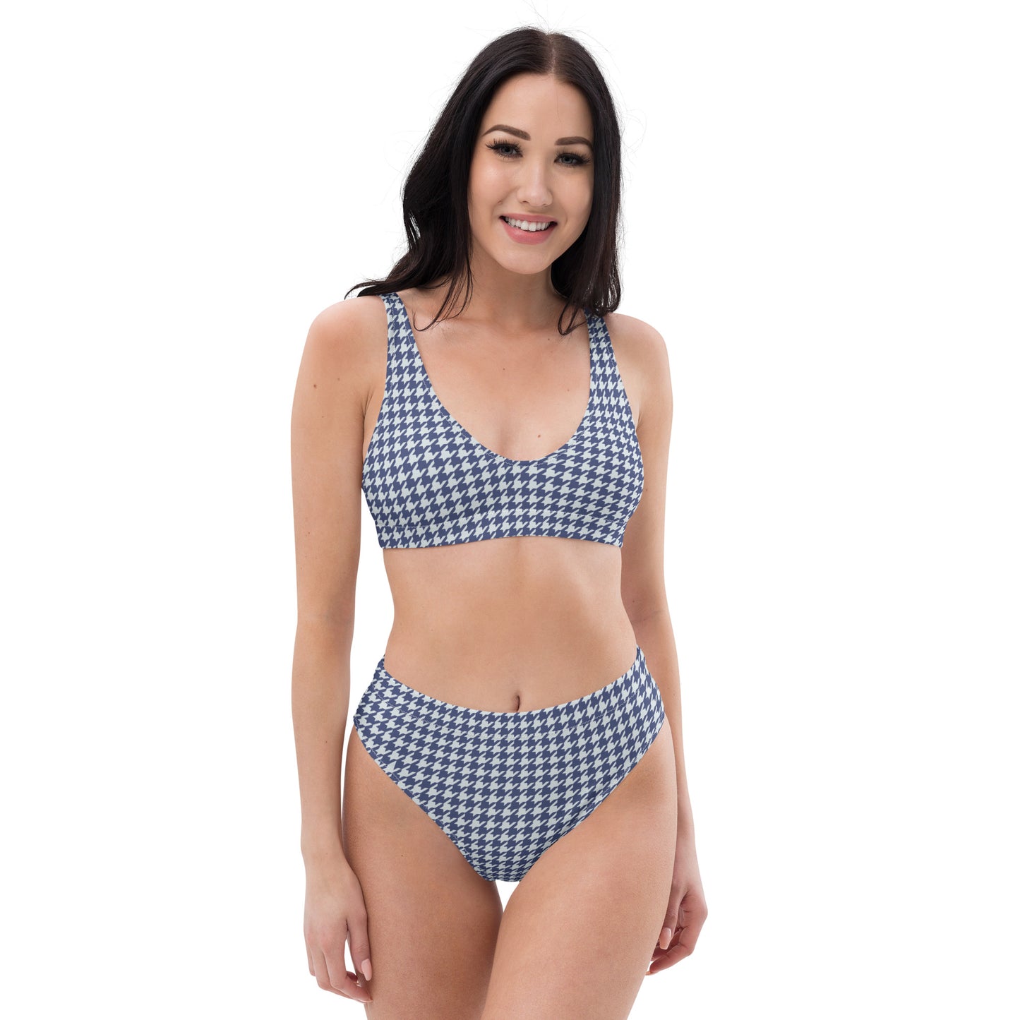 Navy Blue Houndstooth Recycled high-waisted bikini