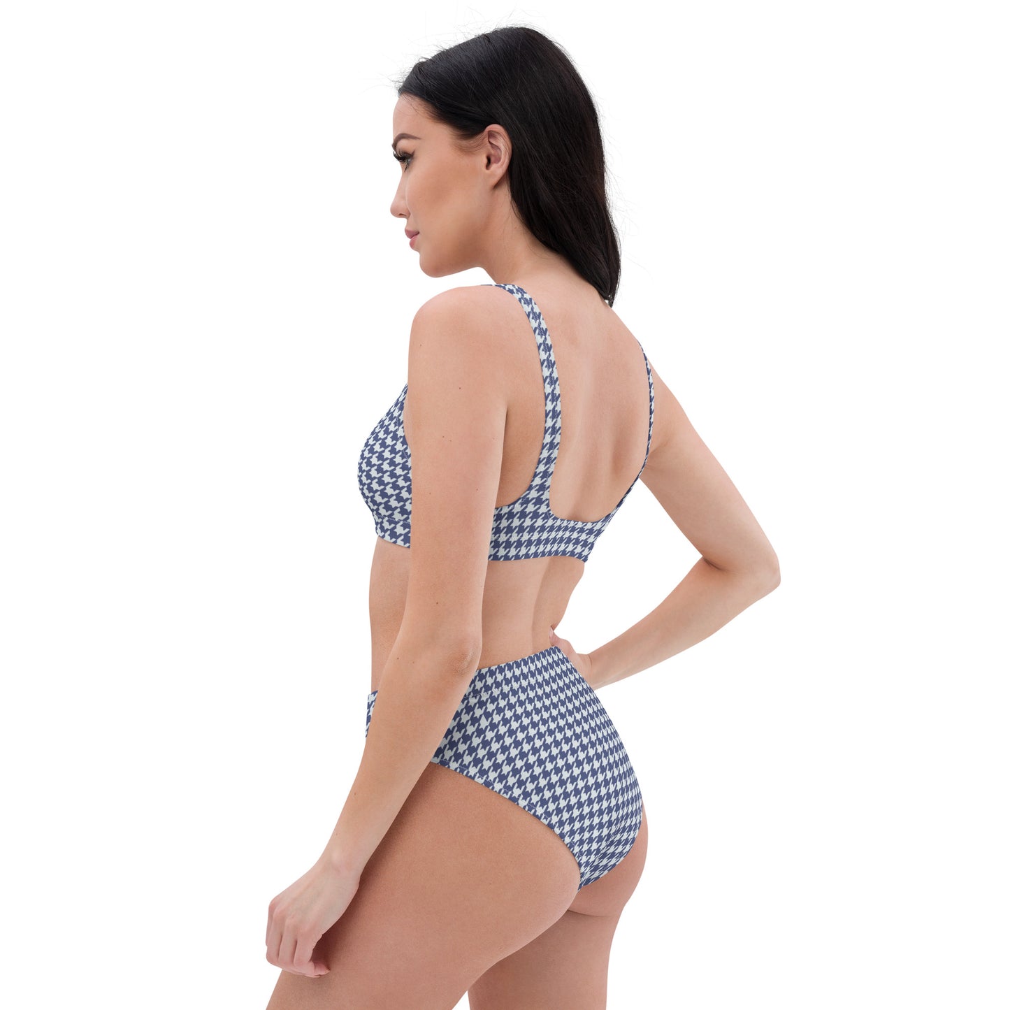 Navy Blue Houndstooth Recycled high-waisted bikini