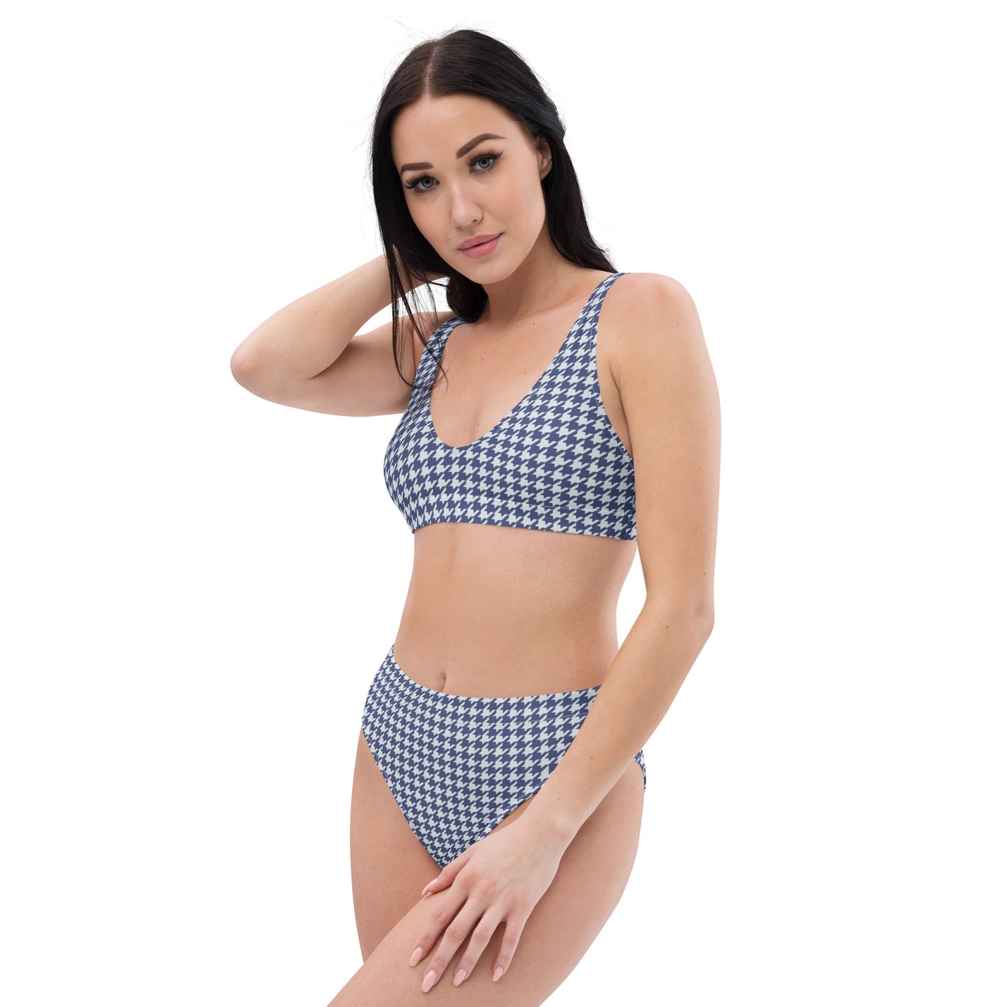 Navy Blue Houndstooth Recycled high-waisted bikini