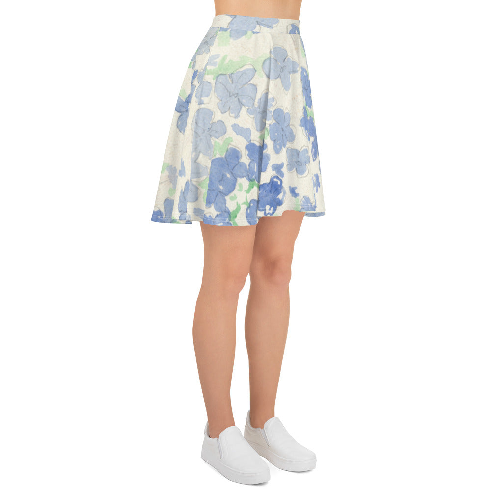 Blue&White Watercolor Floral Skater Skirt