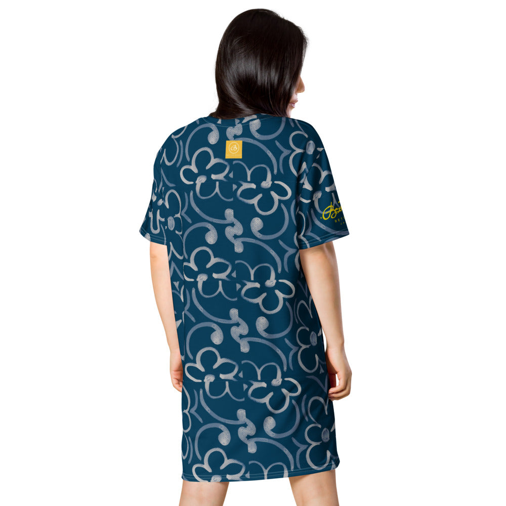 BlueWhiteLinearFloral T-shirt dress