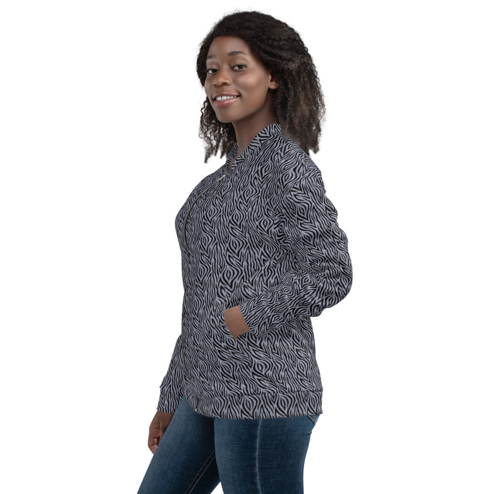 Recycled Unisex Bomber Jacket - Grey Zebra - Women