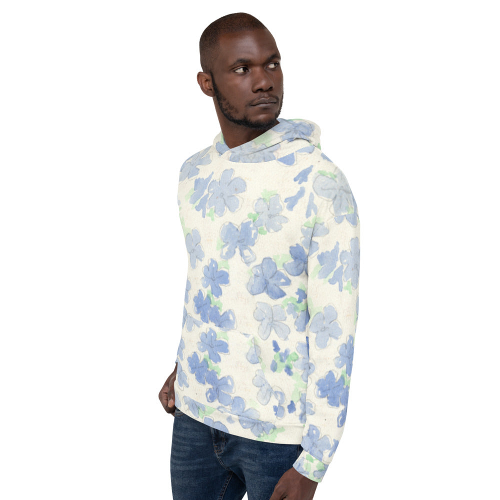 Recycled Unisex Hoodie - Blu&White Watercolor Floral - Men