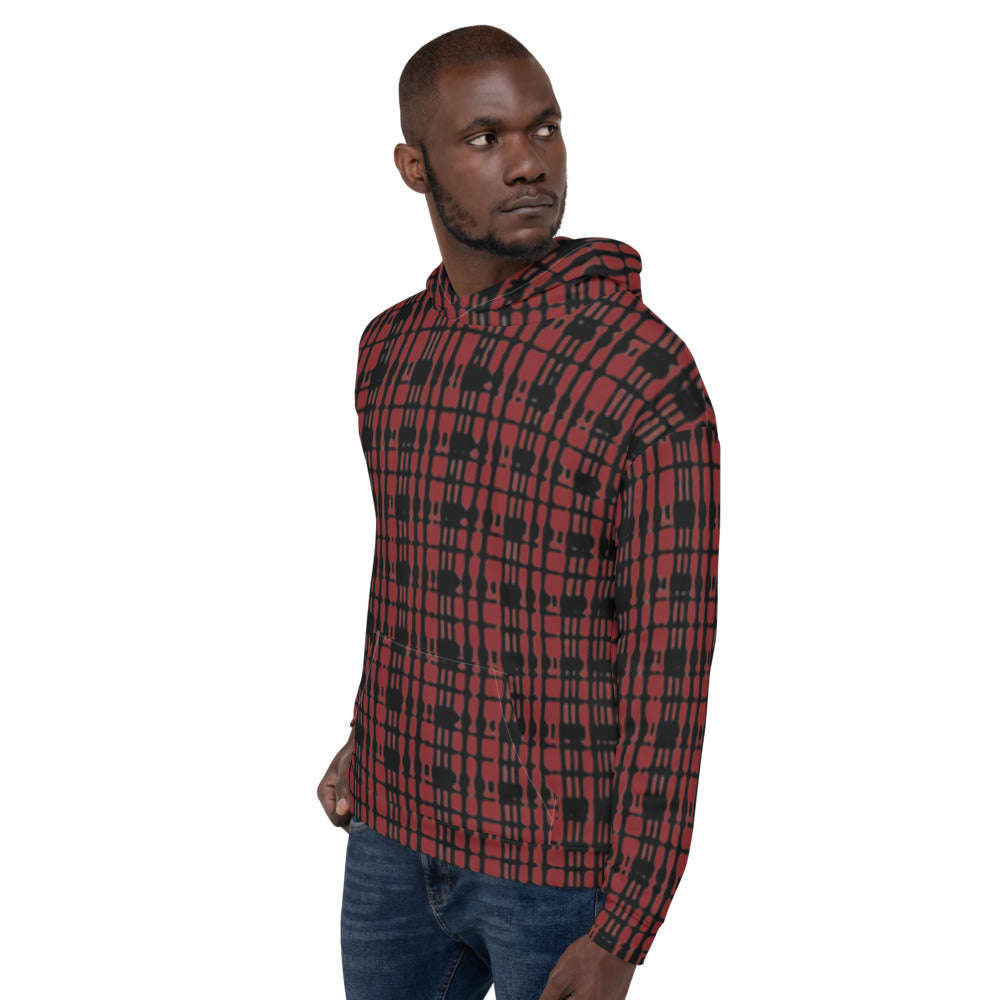 Recycled Unisex Hoodie - Black Red Tight Plaid - Men