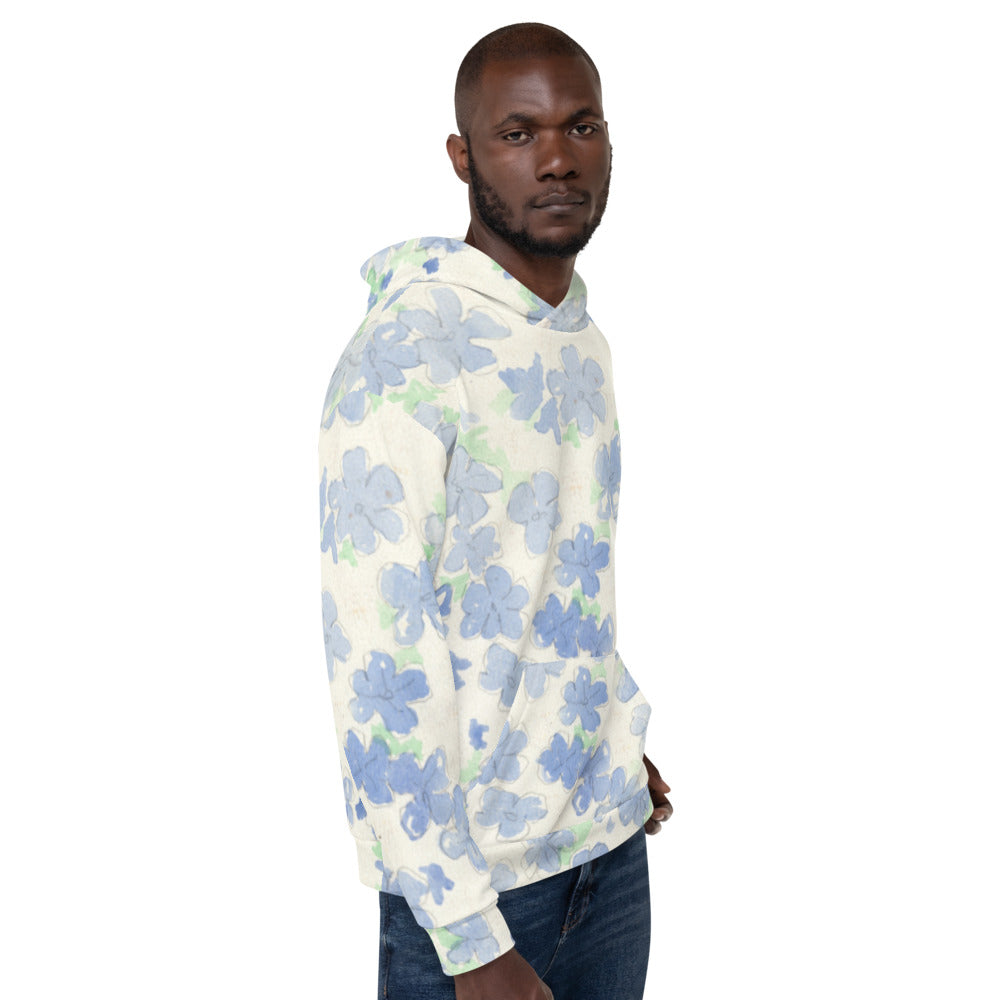 Recycled Unisex Hoodie - Blu&White Watercolor Floral - Men