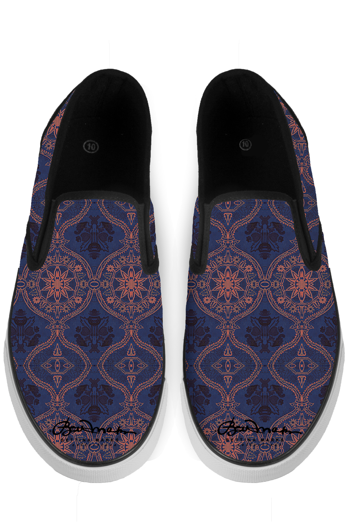 Sargasso Blue and Mellow Rose Morrocan Damask Slip On Sneakers