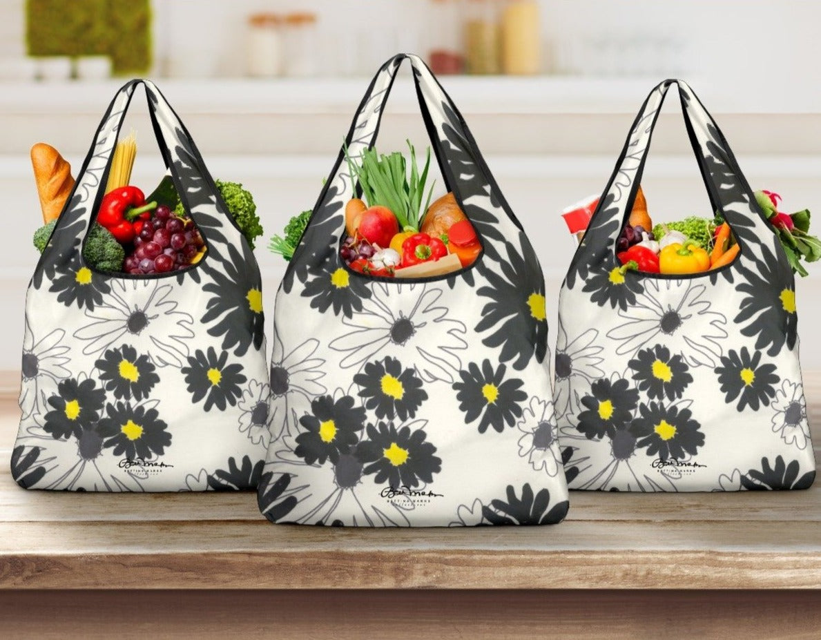 Black Yellow Daisy Grocery Bag