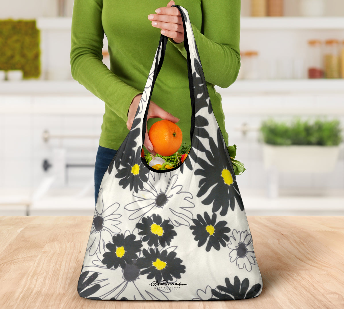 Black Yellow Daisy Grocery Bag