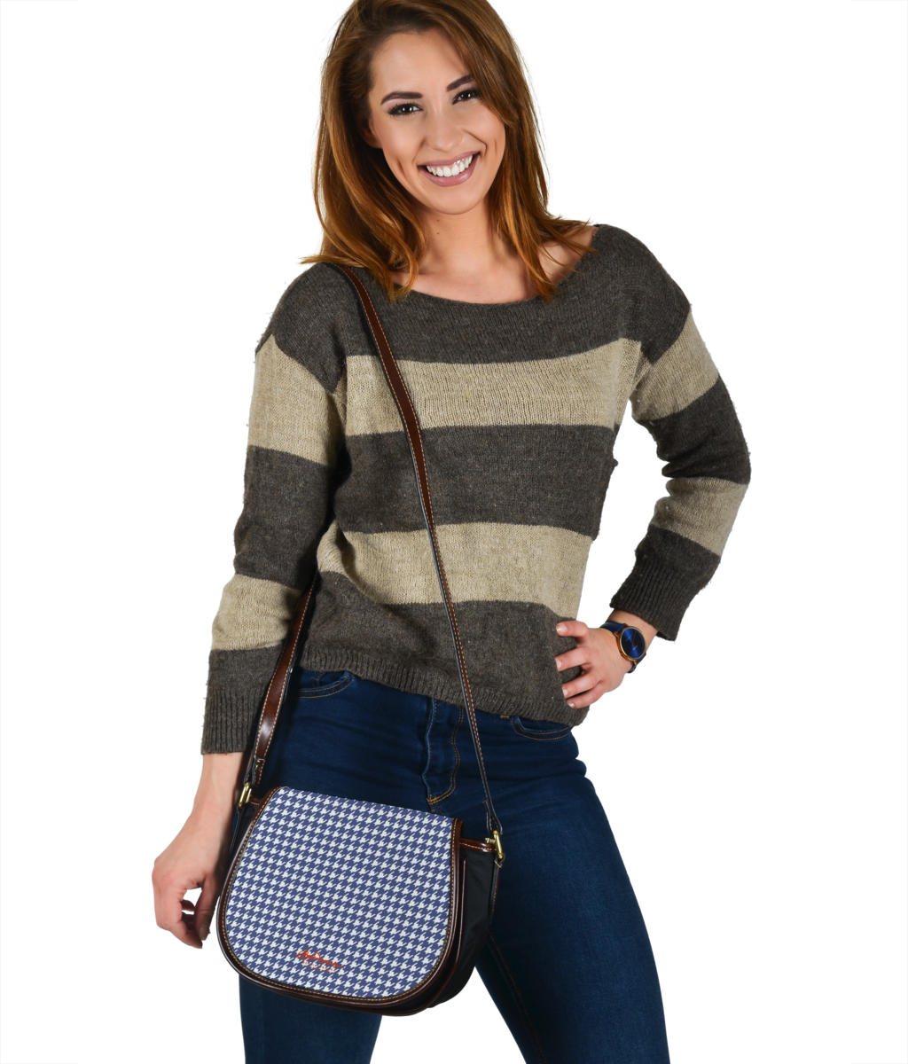 Navy Blue Houndstooth Saddle Shoulder Bag