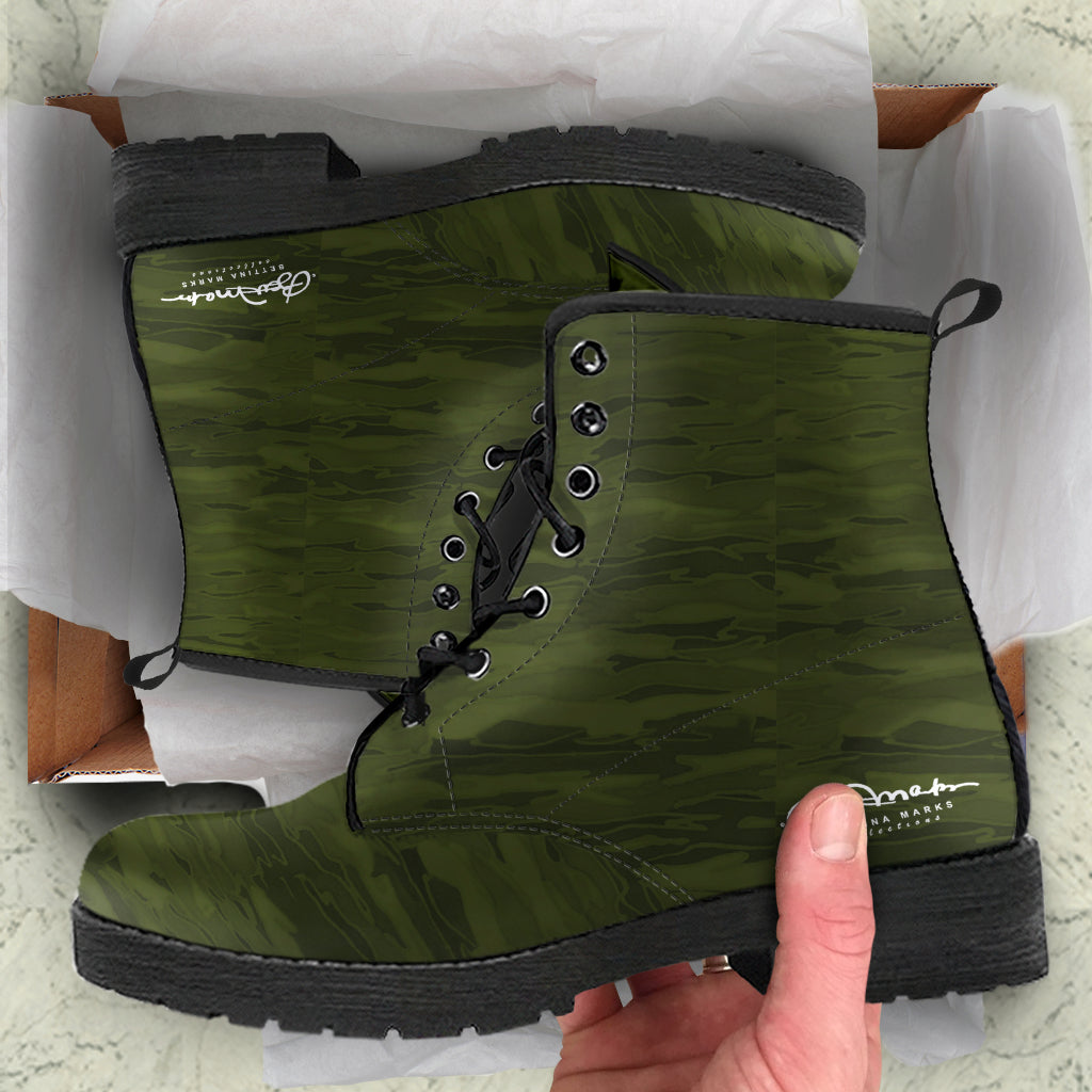 Army Camouflage Lava Leather Boots(Vegan)
