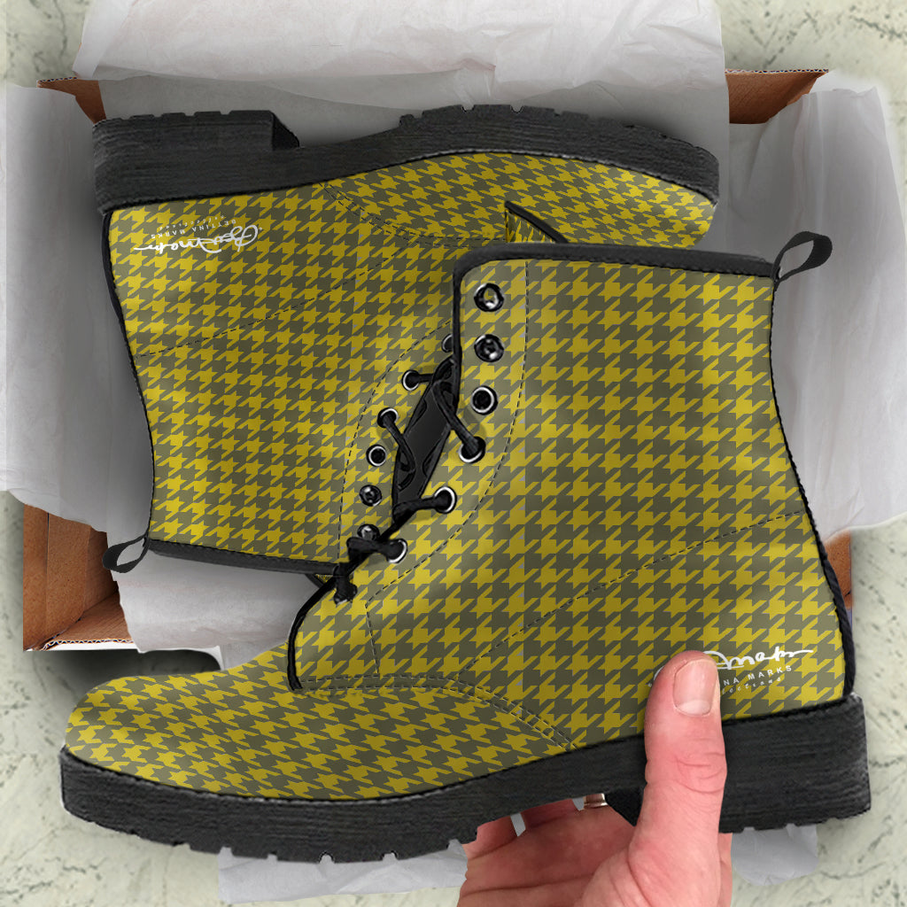 Olive Houndstooth Leather Boots (Vegan)