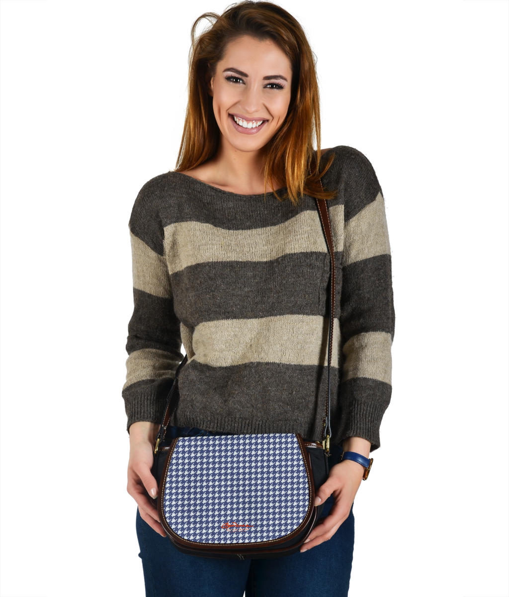 Navy Blue Houndstooth Saddle Shoulder Bag