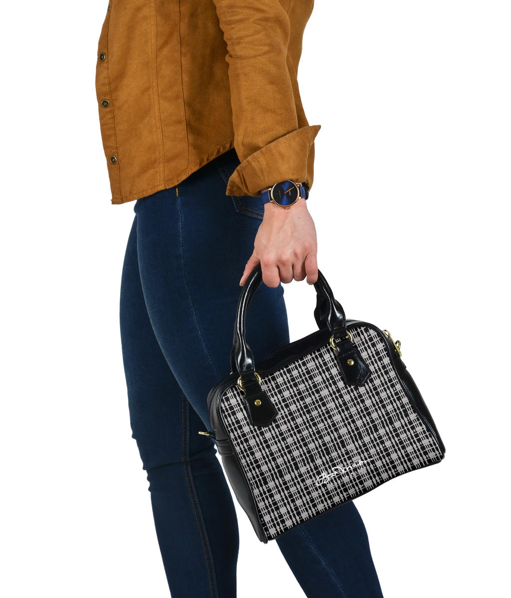 Grey Tight Plaid Hand Bag w Shoulder Strap