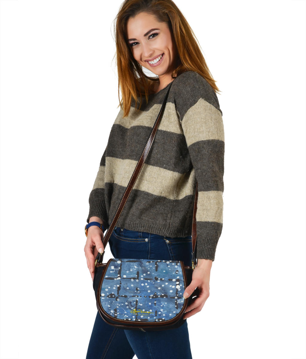 Blu&White Dotted Plaid Saddle Shoulder Bag