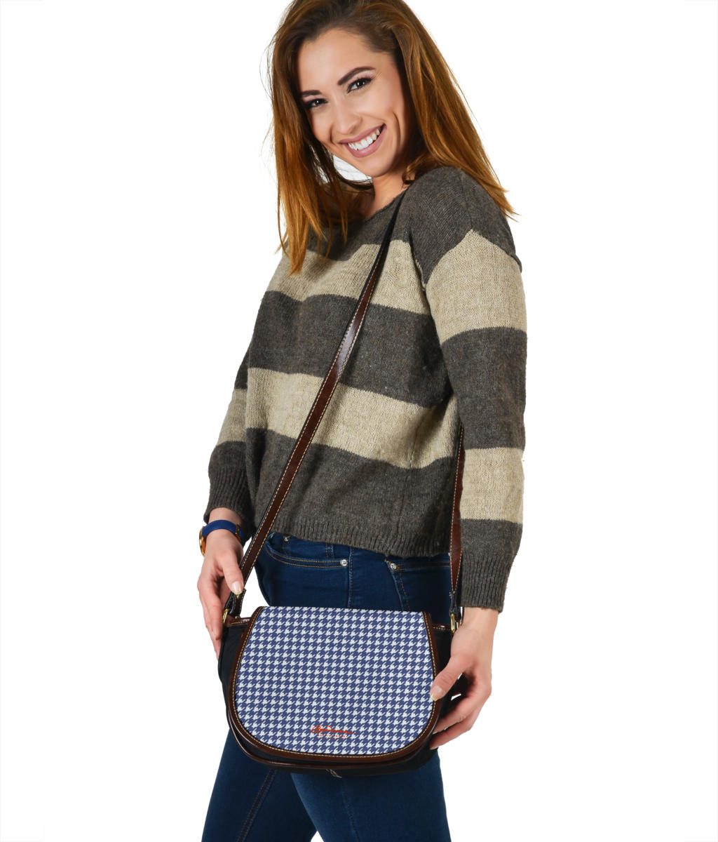 Navy Blue Houndstooth Saddle Shoulder Bag