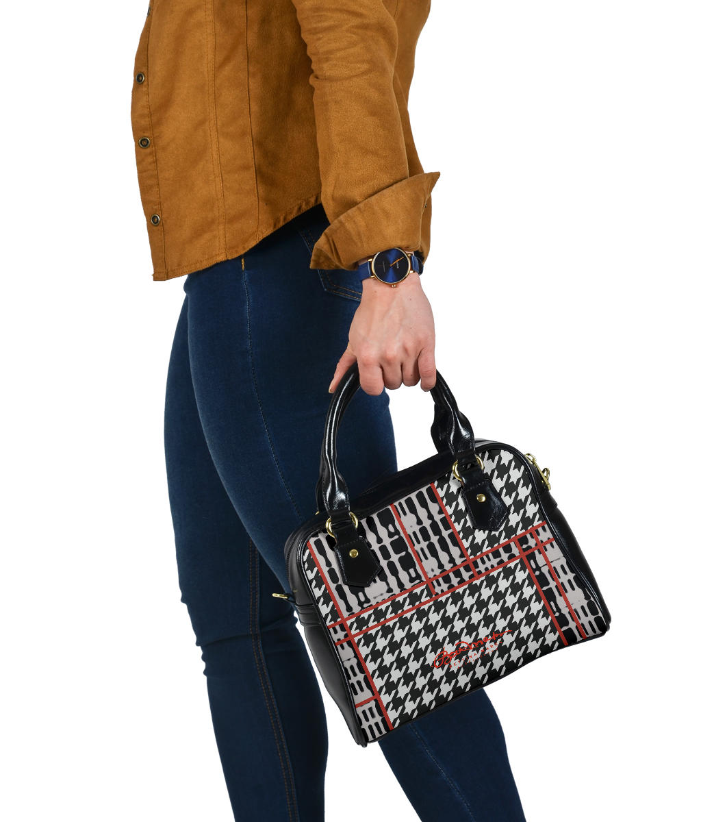 Houndstooth Plaid Hand Bag W Shoulder Strap