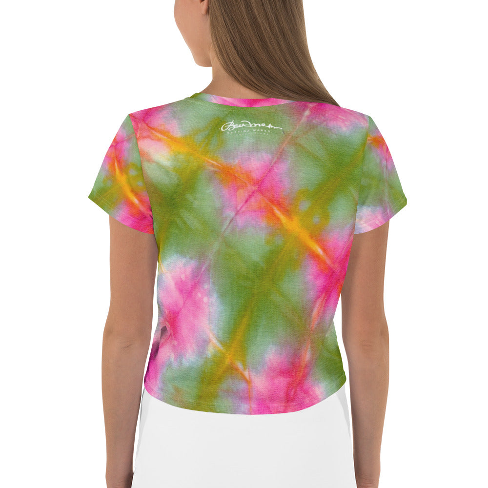 Green&Pink Tie Dye Print Crop Tee