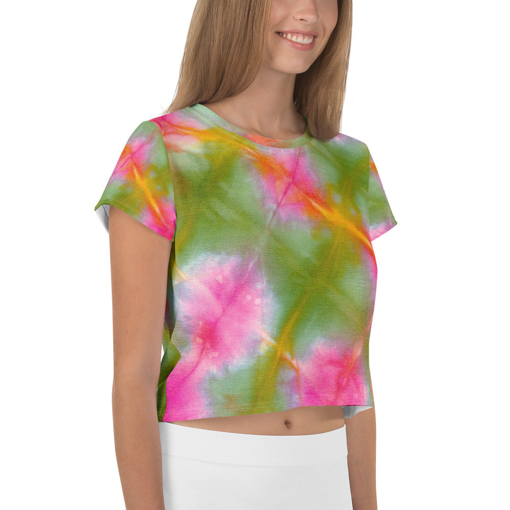 Green&Pink Tie Dye Print Crop Tee