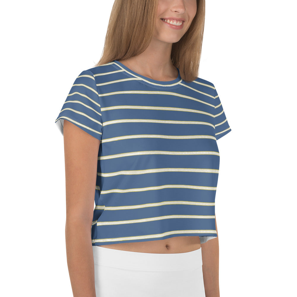 Blue Yellow White Stripe Print Crop Tee