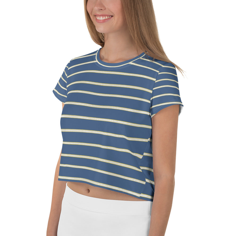 Blue Yellow White Stripe Print Crop Tee