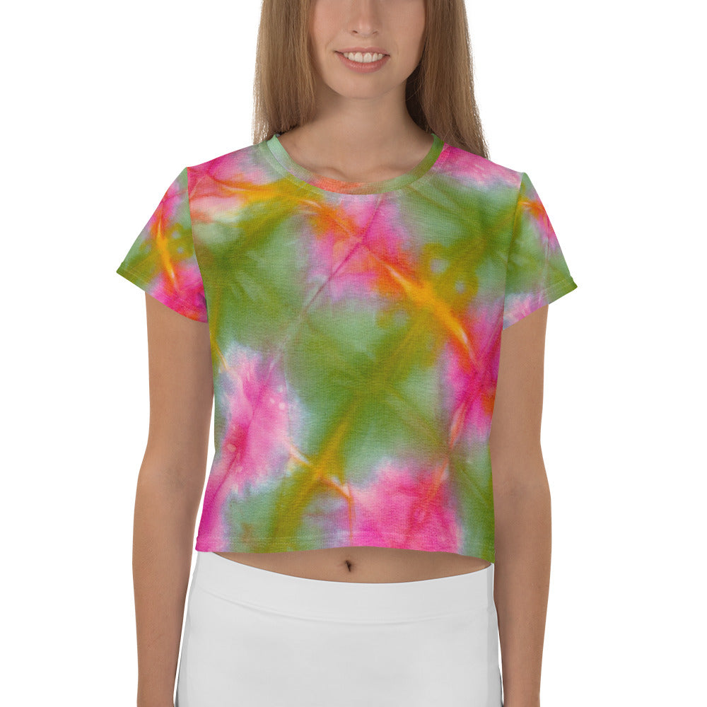 Green&Pink Tie Dye Print Crop Tee