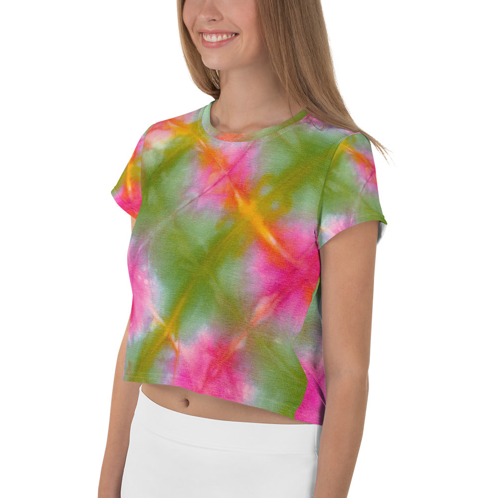 Green&Pink Tie Dye Print Crop Tee