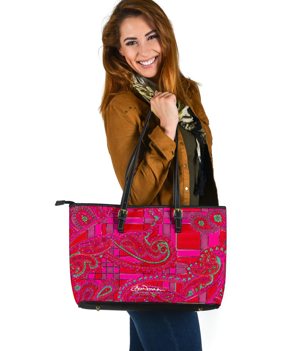 Bright Fuscia and Red Poppy Paisley on Plaid Large Tote Bag