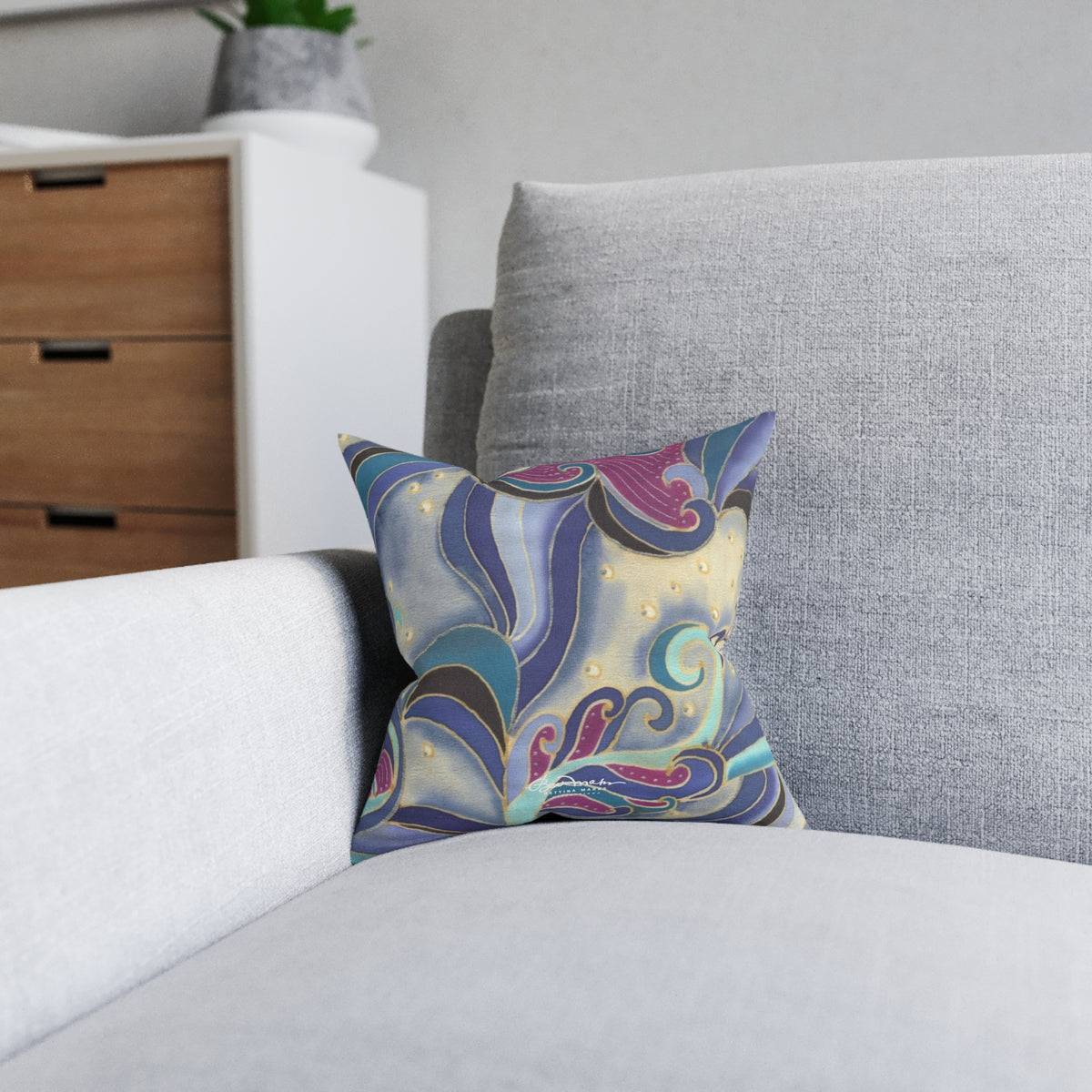 Blue Floral Swirls Square Pillow