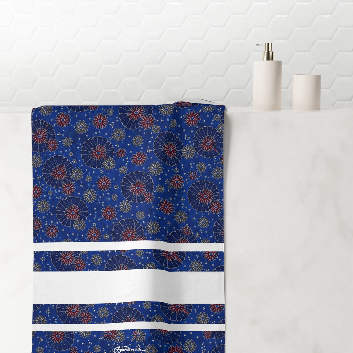Maroon Daisies On Blue Bath Towel