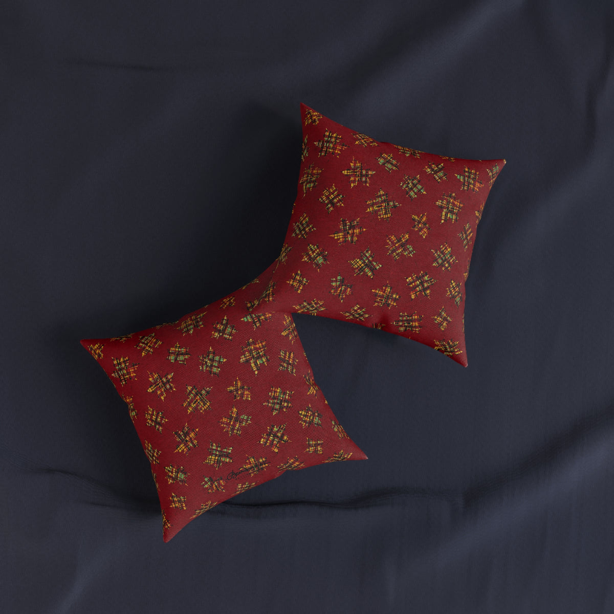 Plaid Leaves On Burgundy Square Pillow