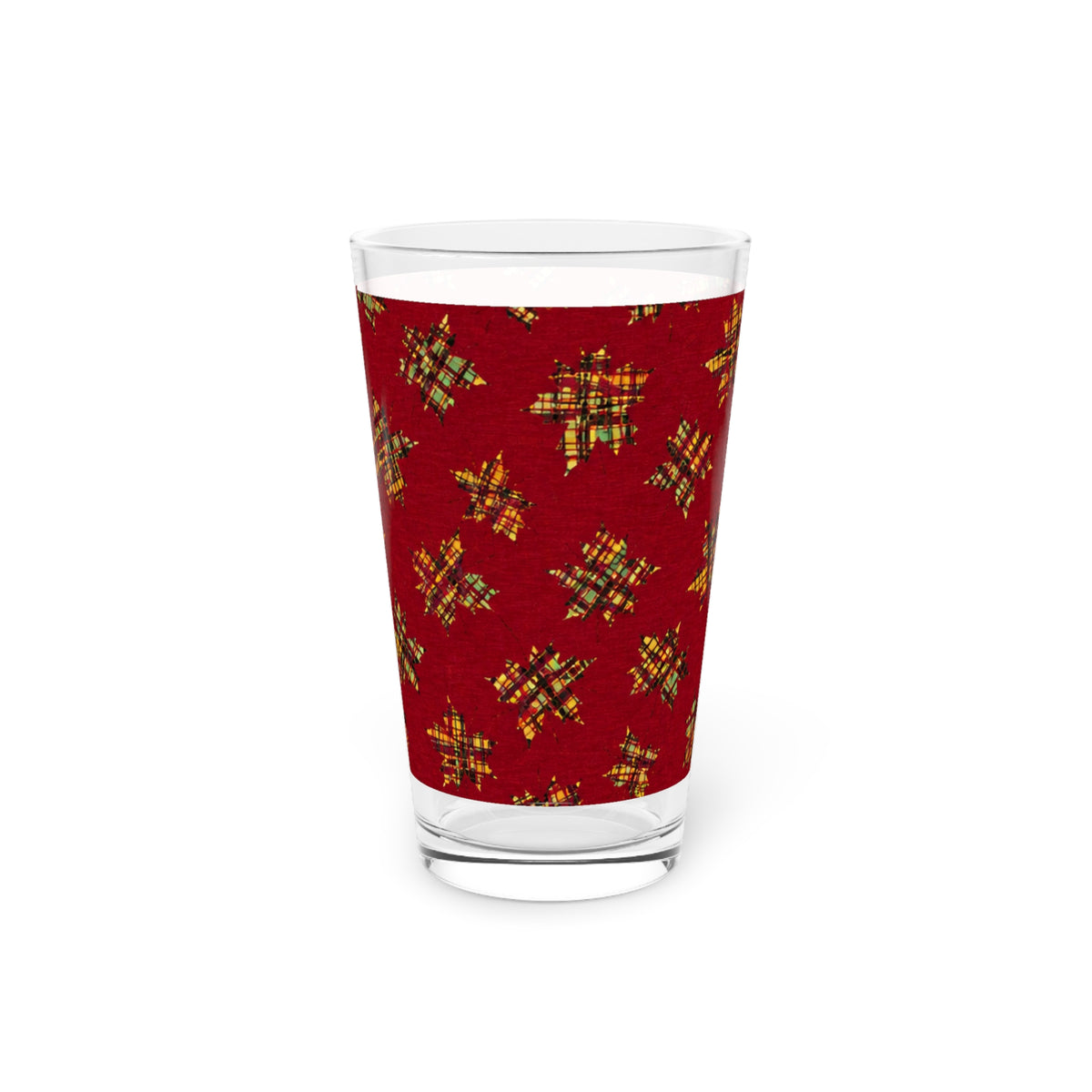 Plaid Leaves On Burgundy Pint Glass