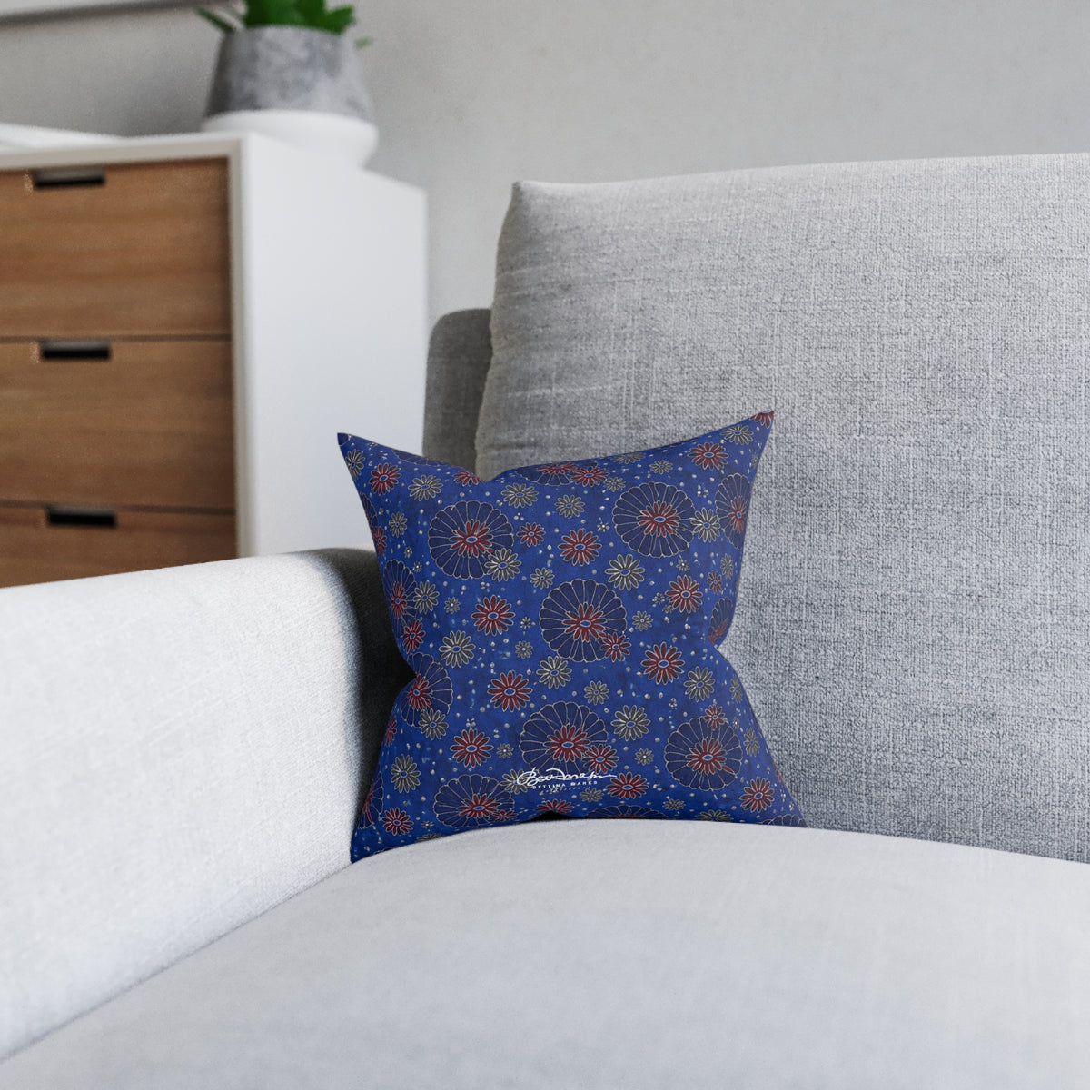 Maroon Daisies On Blue Square Pillow