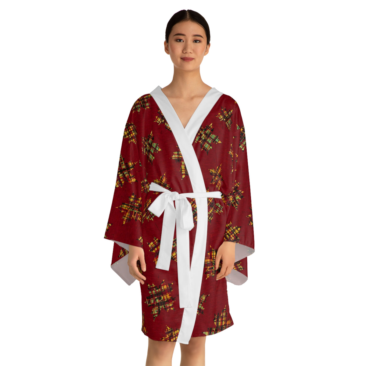 Plaid Leaves On Burgundy Robe