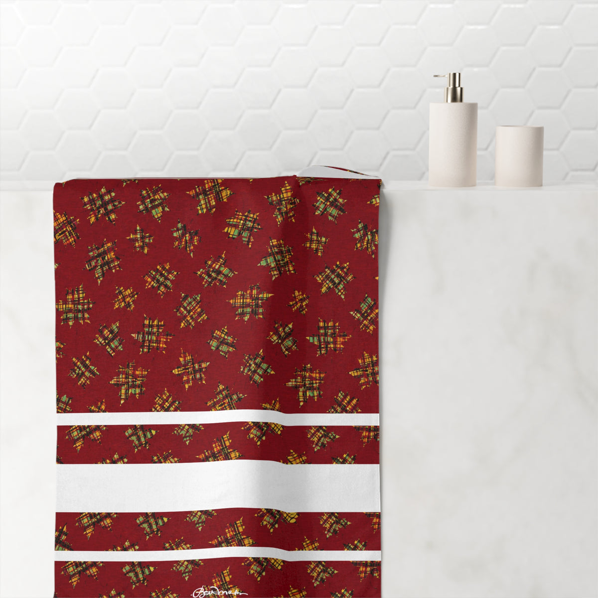 Plaid Leaves On Burgundy Bath Towel