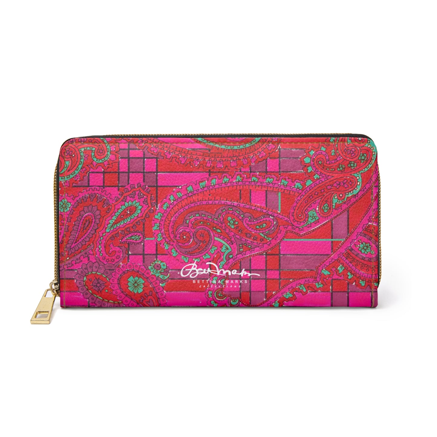 Bright Fuscia and Red Poppy Paisley on Plaid Zipper Wallet