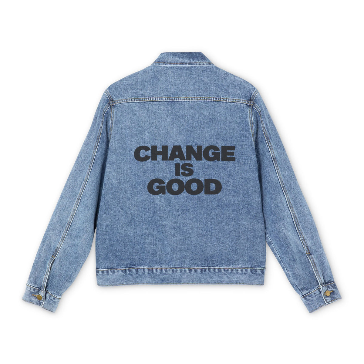 Black Denim Jacket — "Change Is Good" Embroidered Statement Jacket