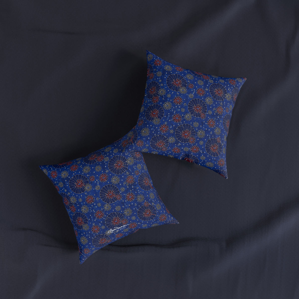 Maroon Daisies On Blue Square Pillow