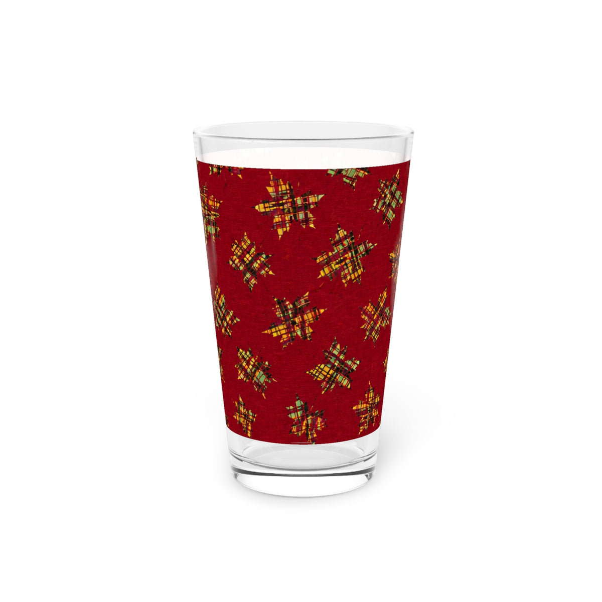 Plaid Leaves On Burgundy Pint Glass