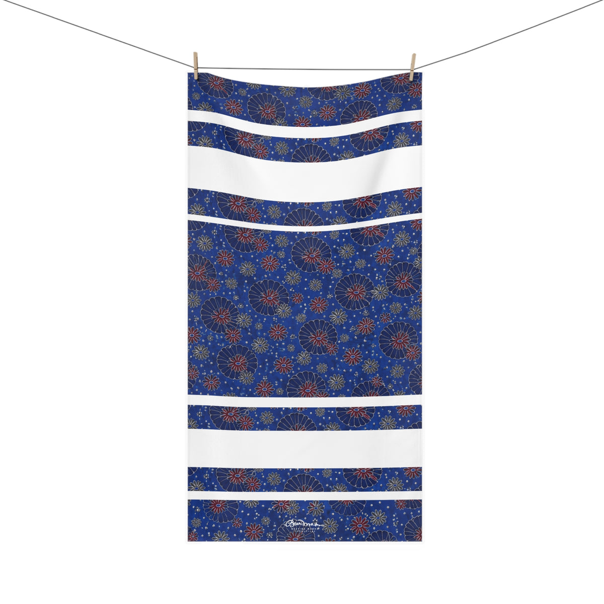 Maroon Daisies On Blue Bath Towel