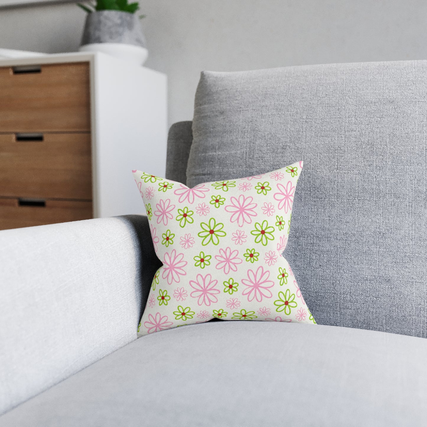 Pink and Green Daisies Square Pillow
