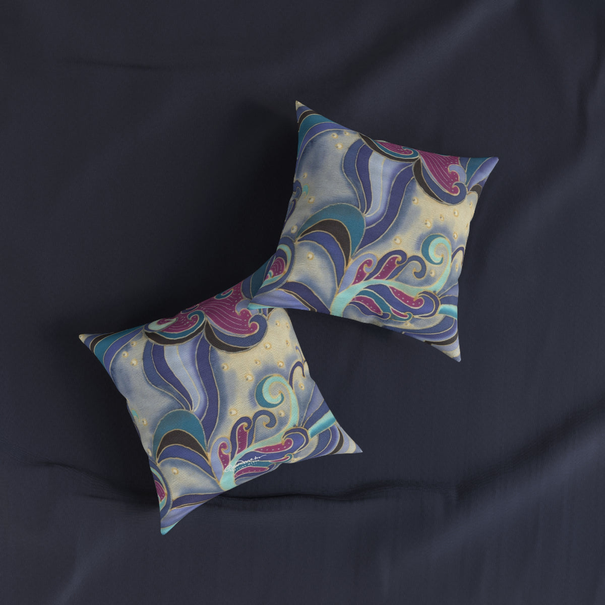 Blue Floral Swirls Square Pillow