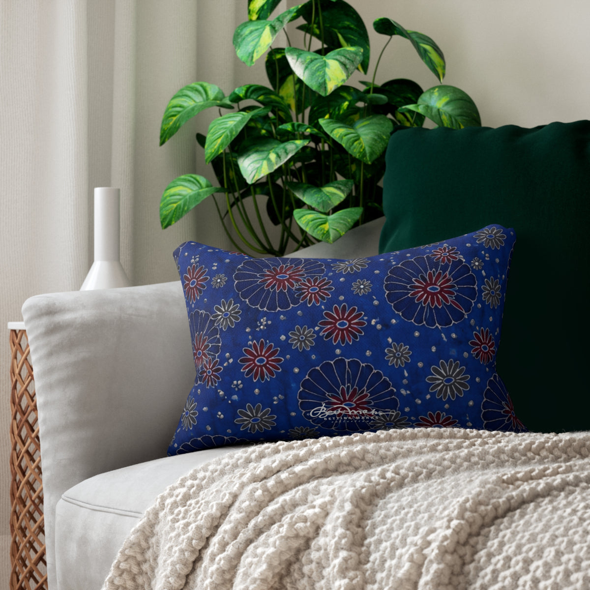 Maroon Daisies On Blue Pillow